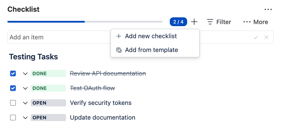 Checklist panel Add menu with Add new checklist and Add from template options