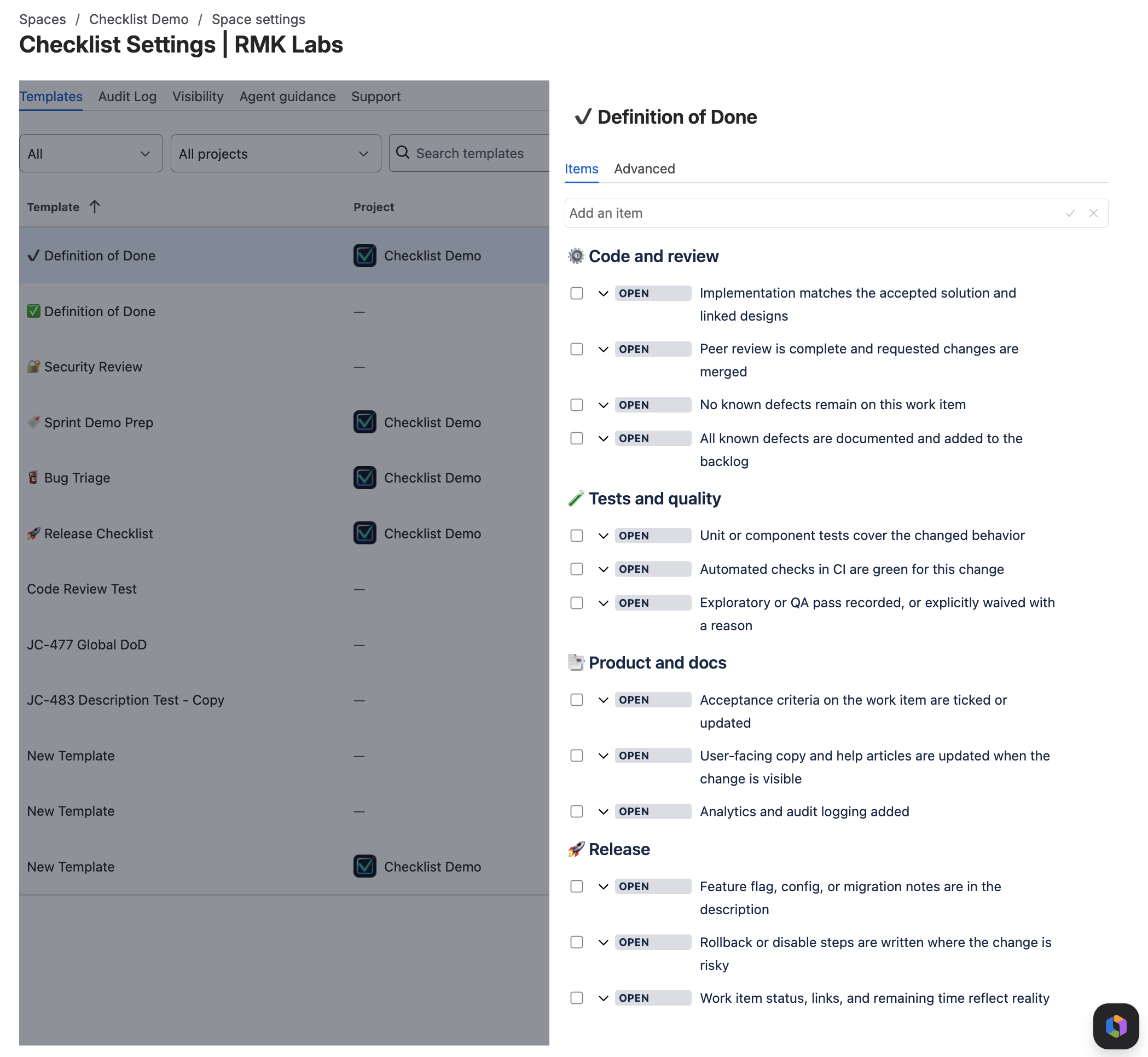Definition of Done checklist template editor in Checklist settings with code, test, docs, and release sections