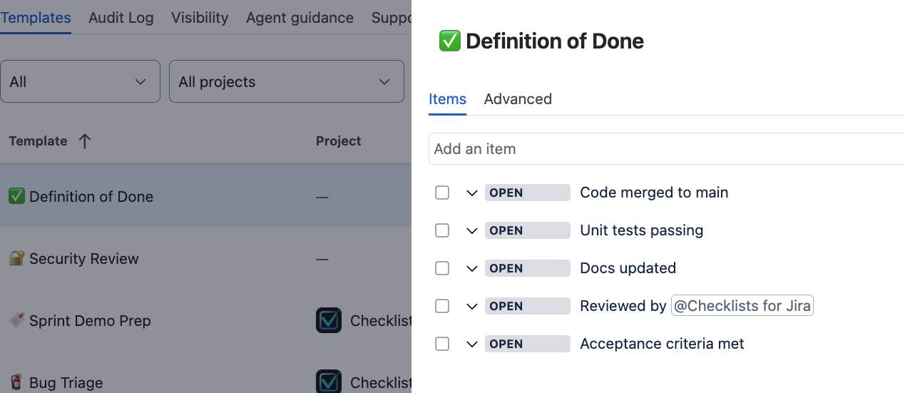 Checklist settings Templates tab listing project and global templates with the Definition of Done editor open