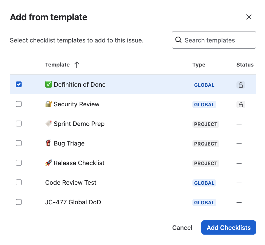 Add from template modal listing global checklist templates with search and protected status